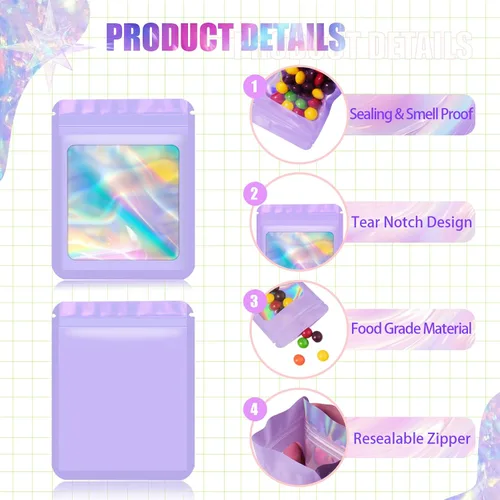 Miniatura 6 de Jetmore 100 piezas Bolsas Holográficas Mylar Resellables para Pequeñas Empresas Bolsa de Embalaje Sellable para Dulces Almacenamiento de Alimentos