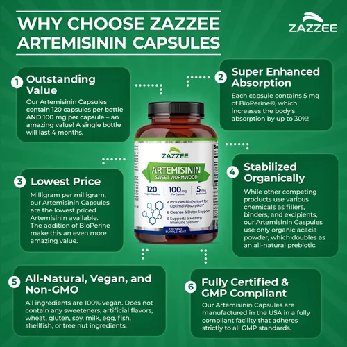 Miniatura 7 de Zazzee - Artemisinina, 100 mg por cápsula, 120 cápsulas veganas, 4 meses de suministro, más 5 mg de BioPerine para una mejor absorción, extracto