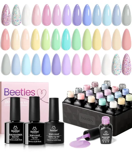 Miniatura 28 de beetles Gel Polish Juego de esmaltes de uñas de gel de 16 colores, blanco, marrón oscuro, rosa, colores nude, esmalte de uñas natural con 3 piezas
