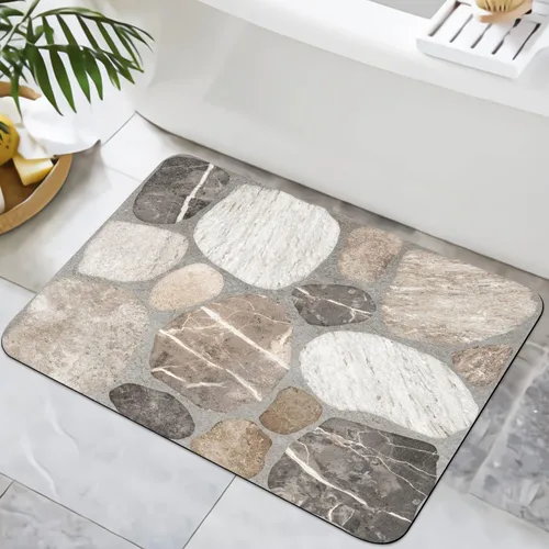 Miniatura 10 de Alfombra de baño con estampado de piedra de guijarro, antideslizante, lavable, patrón de adoquines, tapete de baño pequeño con parte trasera