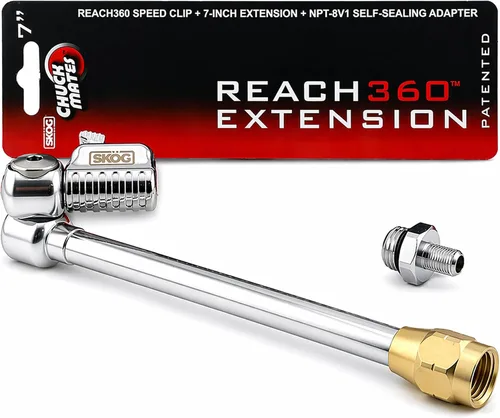 SKÖG Chuck Mates Reach360 Extensión articulada de 7 pulgadas para infladores de neumáticos | Adaptador F-NPT y Schrader de 1/4" | Camiones con