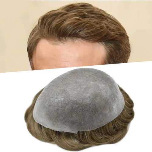 Miniatura 45 de Tupé de piel ultra fina para hombres pieza de cabello humano real sistema de reemplazo 0.002 in Mens Toupee Hairpiece para hombres V-Loop 8x10 80%