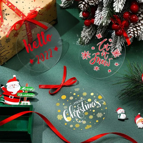 Miniatura 6 de Blulu 42 piezas de adornos acrílicos en blanco, adornos redondos transparentes, guirnalda plana de Navidad, adorno colgante con agujero y cinta