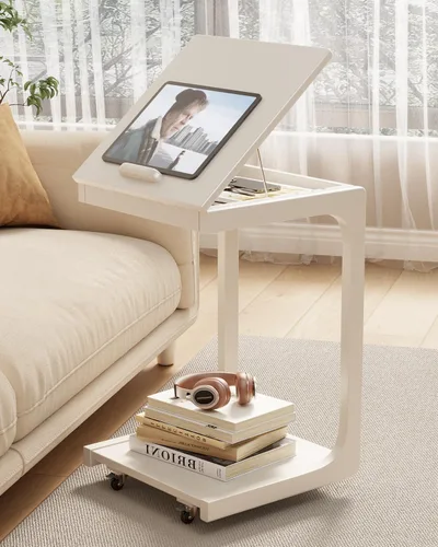 Miniatura 10 de AQIMUELE Mesa auxiliar de madera en forma de C, escritorio de sofá con 2 ruedas con cerradura, mesa de sofá de 4 niveles con bolsa de Natural