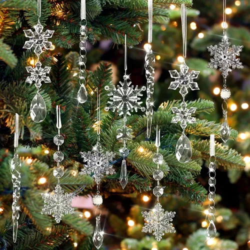18 piezas de adornos de copo de nieve de cristal y carámbano para árbol de Navidad, adornos acrílicos colgantes de copo de nieve y carámbano para