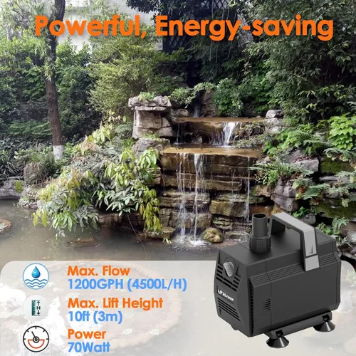 Miniatura 2 de Bomba de agua sumergible 1200GPH/70W Bombas de fuente con control de flujo, bomba de estanque sumergible para exteriores con cable de alimentación