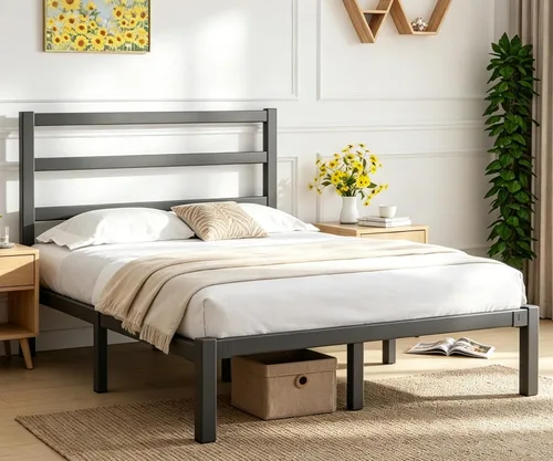 Miniatura 8 de LOEWAY - Marco de cama de metal resistente de 12 pulgadas con cabecero, listones de acero fuertes, almacenamiento debajo de la cama, no necesita