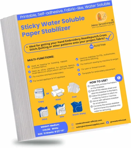Miniatura 7 de New brothread Estabilizador de papel imprimible soluble en agua, adhesivo de 8.5 x 11 pulgadas, peso medio, permitido para patrones de impresión