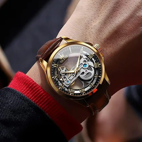 Miniatura 11 de OLEVS Relojes de esqueleto para hombre, automático, mecánico, de lujo, de cuero, impermeable, luminoso, reloj de pulsera para hombre