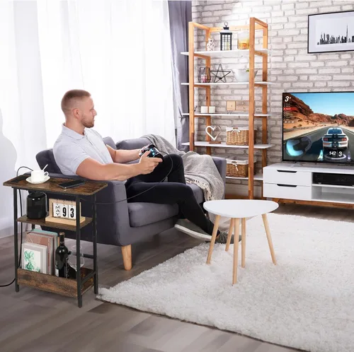 Miniatura 8 de Mesa auxiliar estrecha con estación de carga USB-C, mesa auxiliar delgada de 3 niveles con soporte para revistas, mesa auxiliar delgada moderna