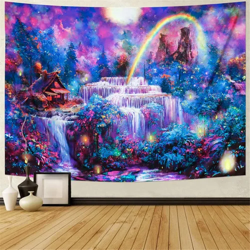 Miniatura 2 de Racunbula Tapiz de luz negra, bosque de fantasía, cascada reactiva a los rayos UV, arco iris, brumoso, selva, plantas, paisaje natural, colgante