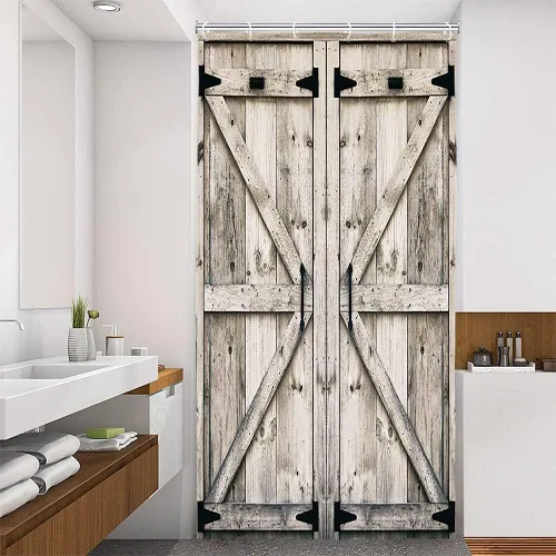 Cortina de ducha de madera rústica vintage, puerta de granero de casa de campo con establo, ducha pequeña con 12 ganchos, garaje impermeable cabina