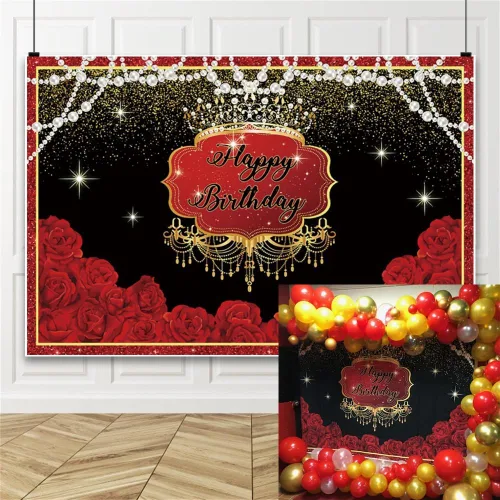Miniatura 5 de Telón de fondo de feliz cumpleaños para mujer, 5 x 3 pies, rosas rojas, flores, manchas doradas, perlas, fondo de fotografía de lujo, decoración