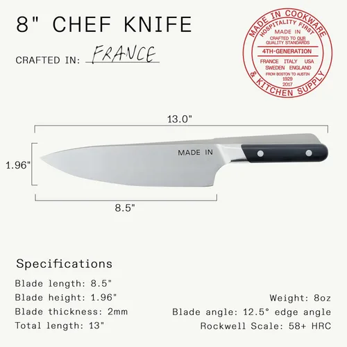 Miniatura 5 de Made In Cookware - Cuchillo de chef de 8 pulgadas - Fabricado en Francia - Espiga completa con mango negro de trufa