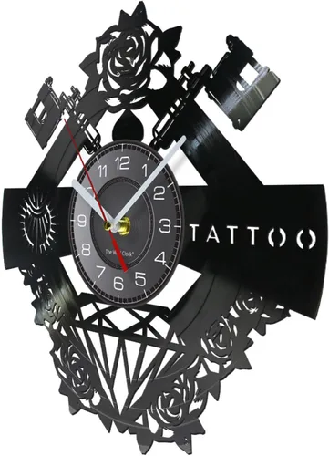 Miniatura 2 de Reloj de pared decorativo de 12 pulgadas, letrero de estudio de tatuaje, nombre personalizado, disco de vinilo silencioso, reloj de pared, máquina