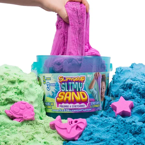 SLIMYSAND - Cubo de 5 libras de arena fina en 3 colores (azul, verde, morado) - Juego de arena de algodón y caramelo con 3 moldes y cubo