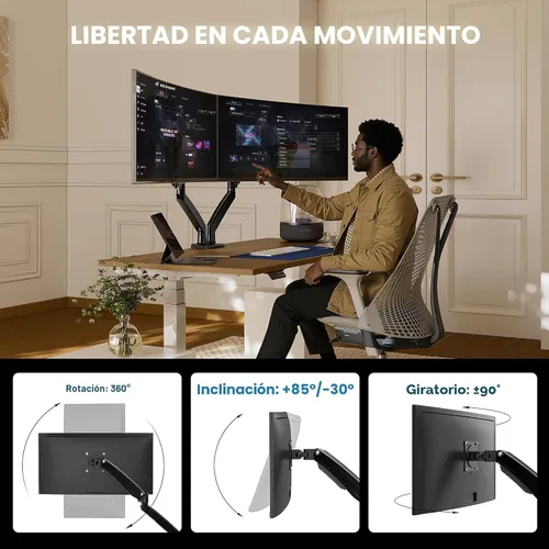 Miniatura 4 de HUANUO NITROGLIDE™ Soporte de monitor dual para 13 ″ – 40 ″, soporte de monitor doble premium con USB, soporte de monitor ajustable en altura para 2