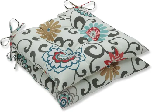 Pillow Perfect Cojín para silla de mimbre copetudo para interiores y exteriores con lazos, 2 unidades, 18.5 x 19 pulgadas, juego de pompones
