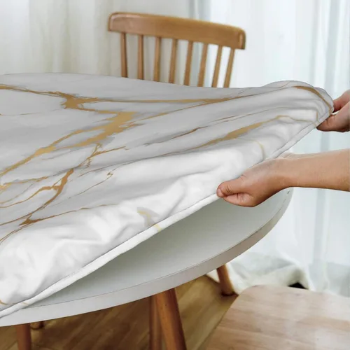 Miniatura 4 de Mantel para mesa redonda con estampado de mármol blanco, borde elástico, ajustado, impermeable, para mesas de interior y exterior, para comedor