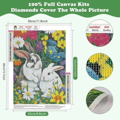 Miniatura 2 de SENQAO Kit de pintura de diamante de conejo, kit de pintura de diamantes de flores 5D, arte de diamantes de taladro completo para adultos y niños
