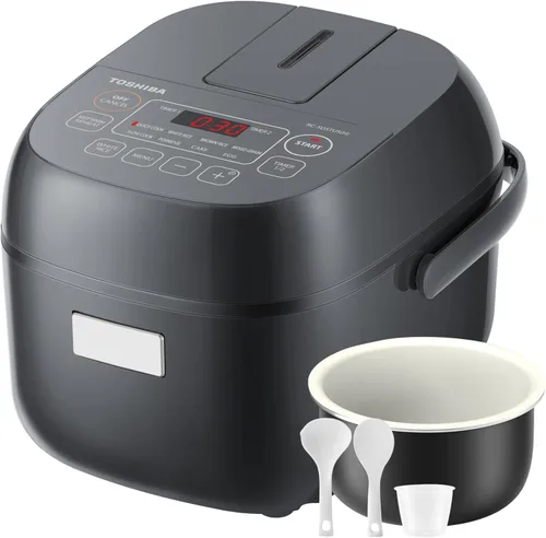 TOSHIBA Arrocera pequeña de 3 tazas sin cocer - Pantalla LCD con 8 funciones de cocción: arroz, avena, granos mezclados y más, olla interior Gris