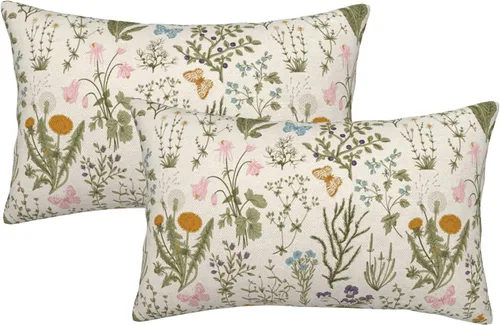 AEIOAE Fundas de Almohada de Primavera 12x20 Pulgadas Juego de 2, Fundas de Almohadas Decorativas de Flores Silvestres y Plantas Verde Salvia,