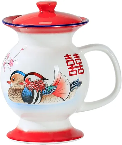 SHERCHPRY Tazas de leche de cerámica, Taza en forma de escupitón con tapa, Tazas de broma, Tazas chinas retro de porcelana, Tazas de agua con forma
