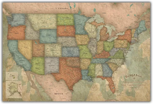 HolyCowCanvas Push Pin USA - Mapa de viaje personalizado de Estados Unidos sobre lienzo para marcar lugares visitados, rastreador de mapas de viaje