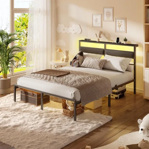 Miniatura 6 de OURPIC Estructura de cama de tamaño completo con cabecero, estructura de cama tamaño completo con luz LED y estación de carga, base de cama de Negro