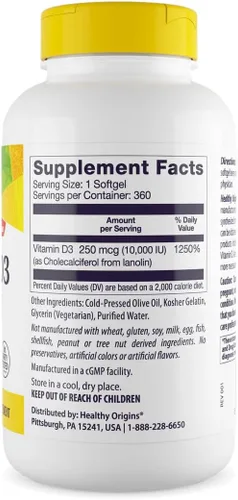 Miniatura 3 de Healthy Origins Vitamina D3 10,000 UI (250 mcg), 120 cápsulas blandas líquidas - Apoya huesos fuertes, dientes saludables y función del sistema