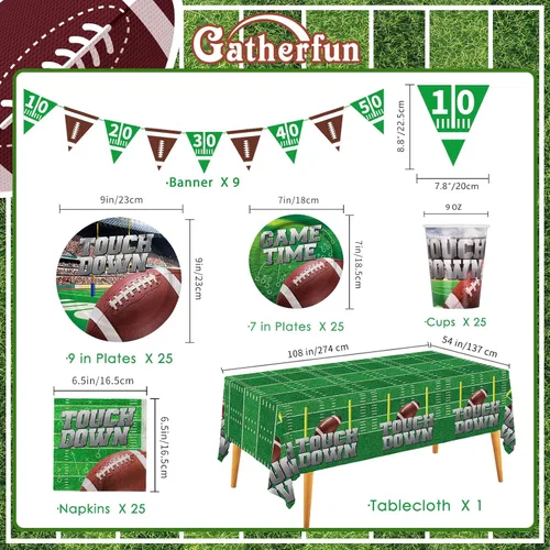 Miniatura 3 de Kit de suministros para fiestas de fútbol americano para servir a 25, incluye platos desechables para cena, platos de postre, servilletas, vasos