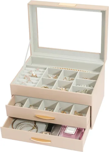 Miniatura 2 de V-LAFUYLIFE Organizador de joyas, caja de joyería de cuero de 3 niveles con 2 cajones, joyero para mujeres y niñas, caja de joyería de gran
