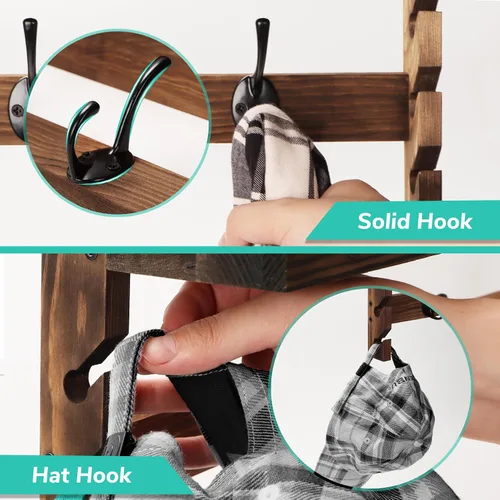 Miniatura 7 de AMBIRD Ganchos de pared con estante de 73.4 cm Entrada de pared con estante, ganchos para abrigos de madera, perchero de pared con estante
