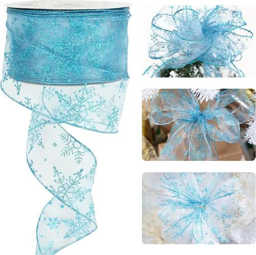Miniatura 15 de HUIHUANG - Cinta de copo de nieve con alambre, cinta de arpillera con purpurina azul, borde de alambre, 2.5 pulgadas x 10 yardas, para decoración