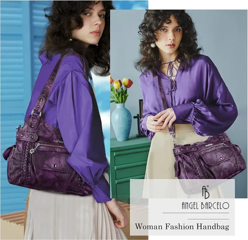 Miniatura 175 de Angel Barcelo - Bolsa de hombro amplia para mujer, diseño Hobo, cuero lavado