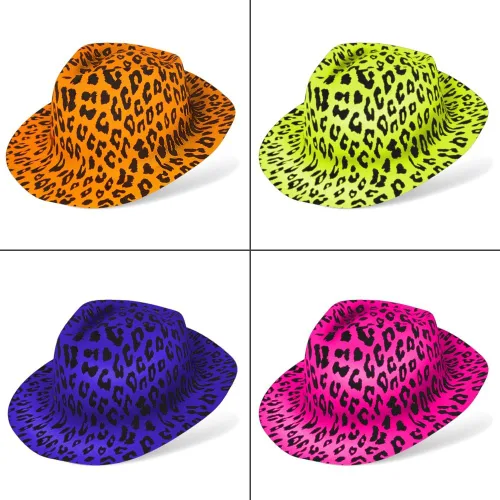Miniatura 3 de Novelty Place Sombreros de fiesta de plástico con estampado de animales neón, estilo fedora con mafia de gángster, sombreros de fiesta con luz negra