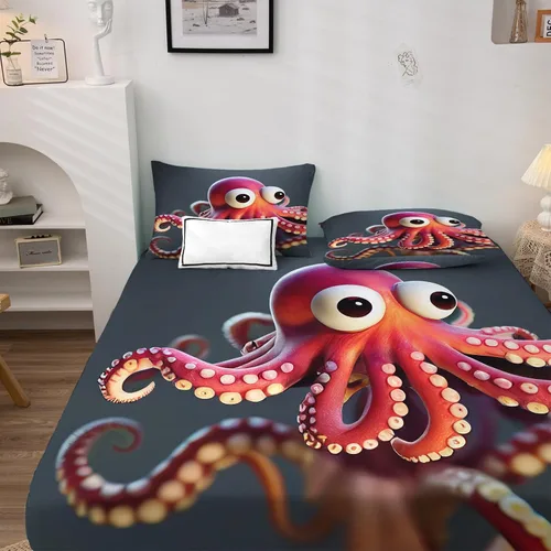 Miniatura 2 de Juego de sábanas de pulpo, tamaño individual, sábanas de dibujos animados de tentáculos, sábanas y fundas de almohada de 3 piezas, sábana bajera
