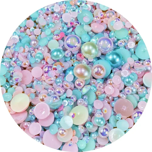 Miniatura 12 de Cuentas de resina mixta con diamantes de imitación y perlas semirredondas, 30 g, diamantes de imitación de parte trasera con perlas medias
