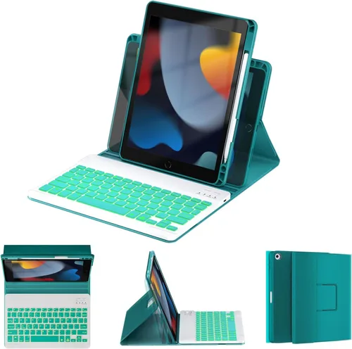 Miniatura 10 de OYEEICE Funda de teclado para iPad 6ª/5ª generación de 9.7 pulgadas, teclado inalámbrico desmontable retroiluminado de 7 colores, cubierta magnética