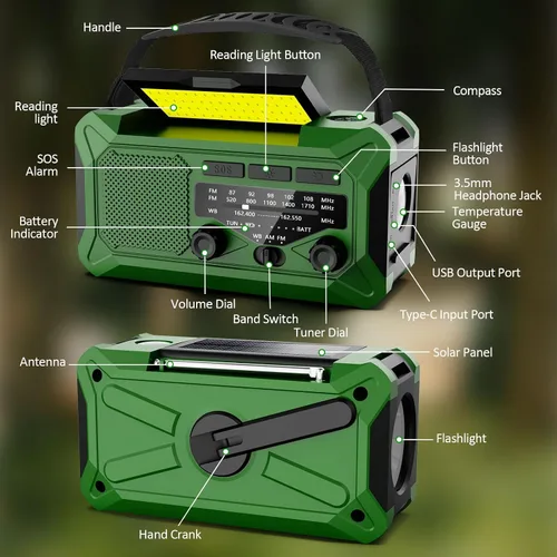 Miniatura 7 de Radio meteorológica con manivela de emergencia, radio solar de 10000 mAh AM/FM/NOAA con cargador de teléfono, carga USB, lámpara de lectura LED