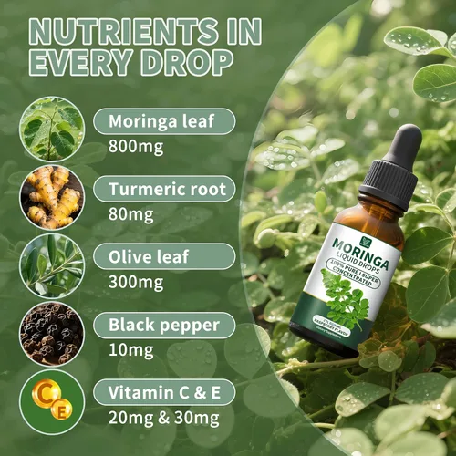 Miniatura 3 de Gotas líquidas de moringa orgánica para piel, intestino, apoyo inmunológico, hoja de moringa oleifera, raíz de cúrcuma, hoja de olivo, pimienta