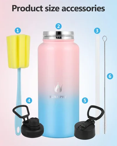 Miniatura 6 de Botella de agua aislada con tapa de pajilla, botella de agua deportiva aislada al vacío de 32 onzas, doble pared sin BPA, termo a prueba de sudor