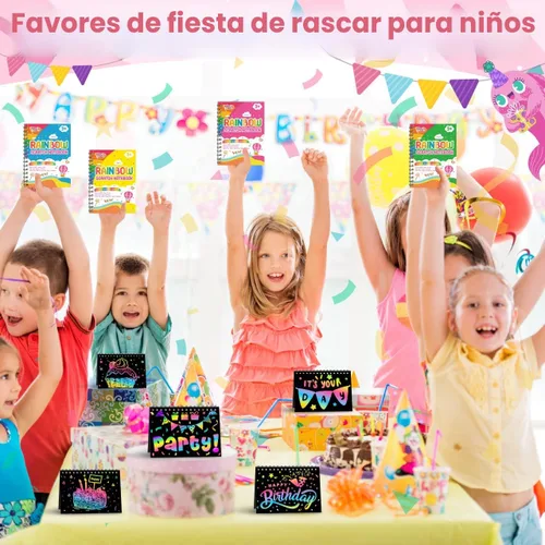 Miniatura 5 de Recuerdos de papel para rascar para fiestas para niños: paquete de 16 cuadernos de rayas arcoíris, bolsas de regalo, libros para colorear, recuerdos