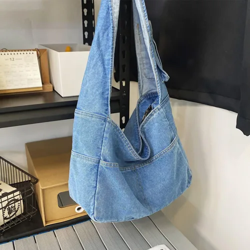 Miniatura 7 de Bolsas de mezclilla estilo hobo para mujer, estilo retro, para el hombro, estilo casual, para adolescentes, niñas