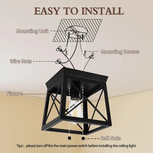 Miniatura 6 de 1 Light Black Industrial Flush Mount Ceiling Light Fixture - Square Farmhouse Caged Ceiling Light for Closet Kitchen Hallway Porch, E26, Dimmable
