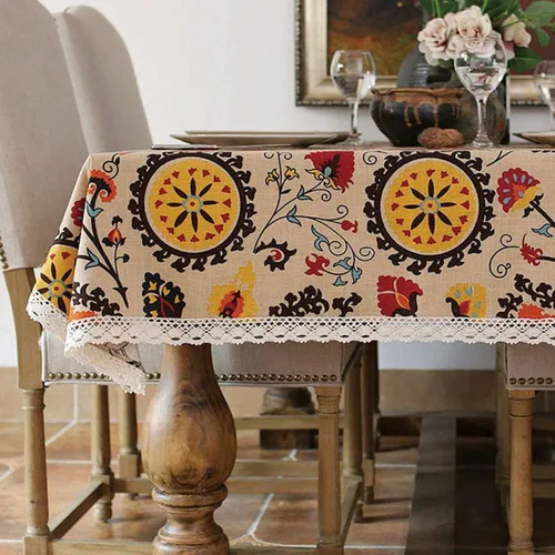 Miniatura 19 de LeLehome Elome - Mantel cuadrado de estilo bohemio vintage de 36 pulgadas, con encaje de lino y algodón, lavable, para cena y pícnic, cubierta