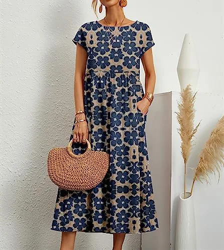 Miniatura 2 de Akivide Vestido de verano de algodón y lino con estampado floral de manga corta con cuello redondo y bolsillos para la playa