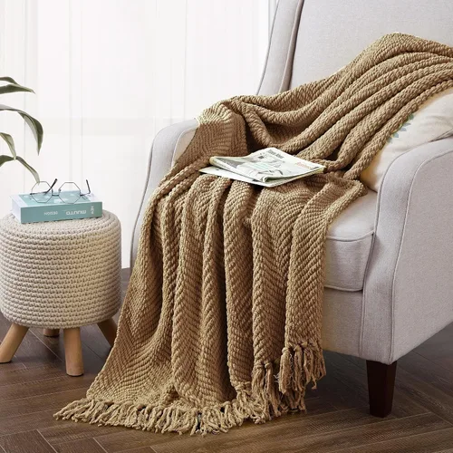 Miniatura 27 de Manta de tweed con borlas de flecos para sofá, decoración del hogar, cama, sofá, silla, 50 x 60 pulgadas, naranja óxido