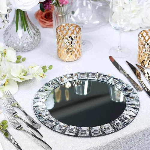 Efavormart - Paquete de 2 cargadores de espejo de cristal de alta calidad con borde redondo plateado de 13 pulgadas para eventos de catering, bodas,