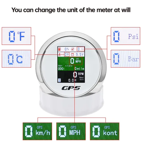 Miniatura 4 de Velocímetro GPS 6 en 1 de 3-3/8 pulgadas, 3.346 in, tacómetro ajustable multifuncional, voltímetro, nivel de combustible, temperatura del agua